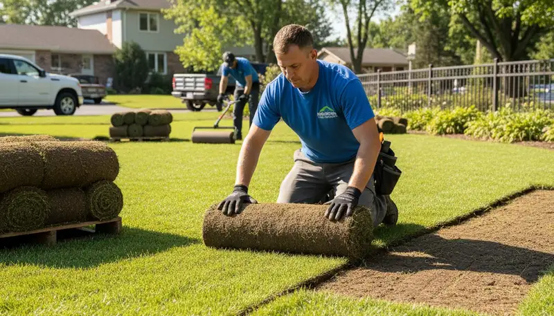 Professional landscaper installing sod rolls with expert technique in Madison, WI lawn renovation