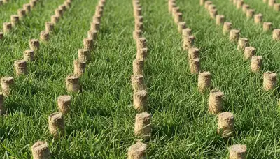 Close-up of soil core plugs after professional lawn aeration in Madison, WI by Chop Chop Landscaping