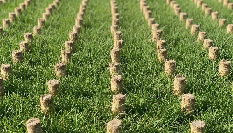 Close-up of soil core plugs after professional lawn aeration in Madison, WI by Chop Chop Landscaping