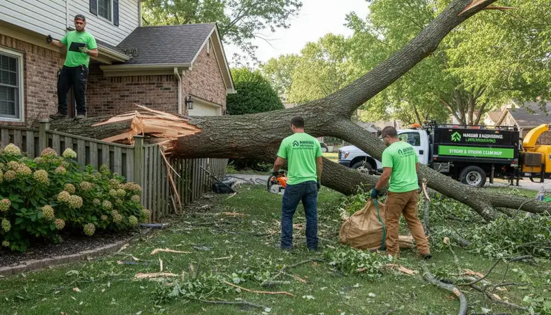 Storm damage yard cleanup by Chop Chop Landscaping crew in Madison, WI removing fallen branches and debris